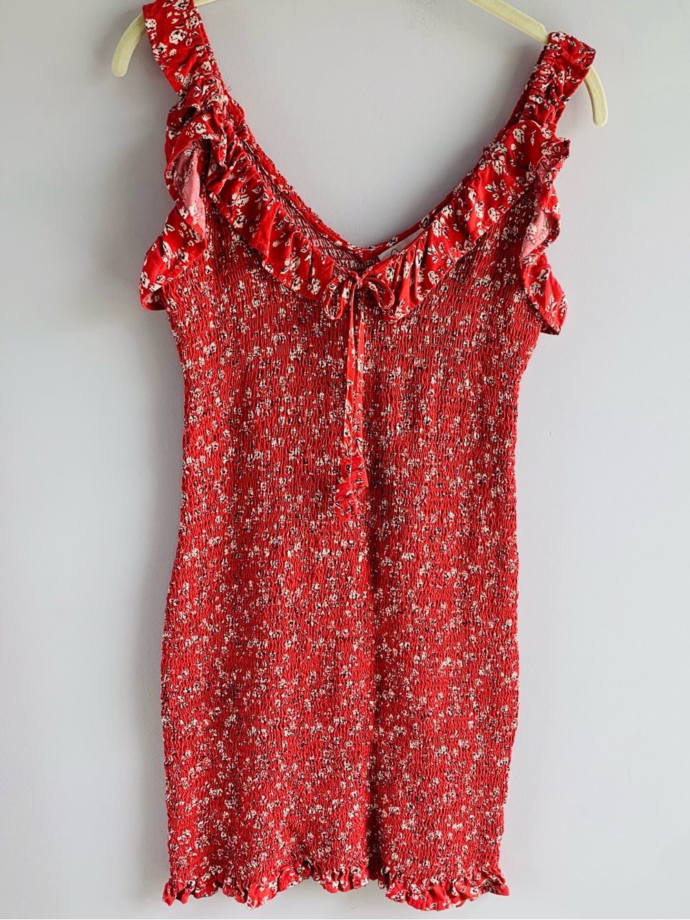Japna Dress Red Ditsy Floral Ruffles Sleeveless Bodycon Casual Summer EUC S/M
